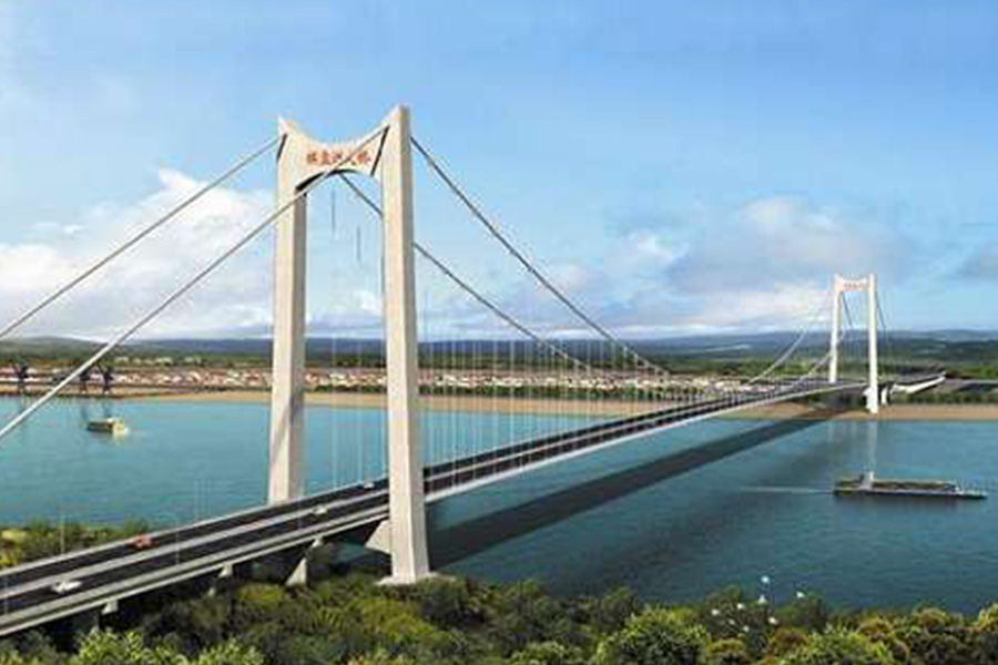 湖北棋盤洲長(zhǎng)江公路大橋?yàn)榈劐^式懸索橋,主跨1038米。.jpg